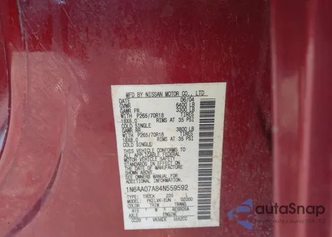 2004 Nissan Titan Le from USA, damaged, VIN 1N6AA07A84N559592